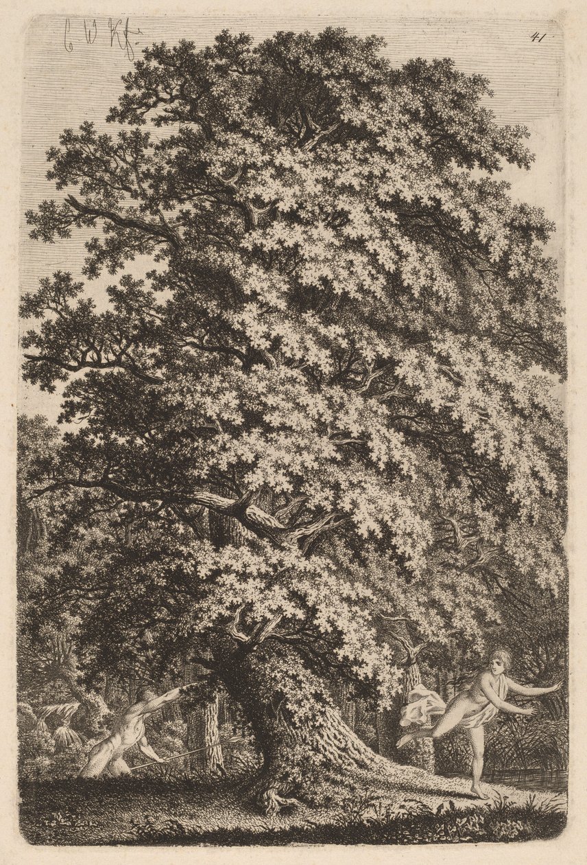 Eine große Eiche im Gehölz. Ein junger Mann mit Speer folgt einem jungen Mädchen. von Carl Wilhelm Kolbe