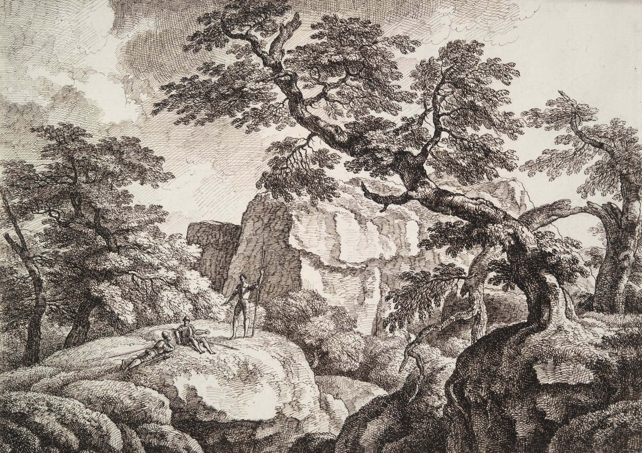 Drei Soldaten in einer hügeligen Landschaft von Carl Wilhelm Kolbe the elder
