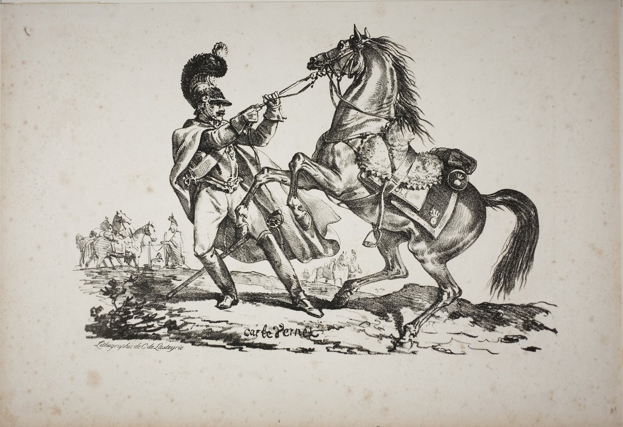 Kürassier zu Fuß, der sein steigendes Pferd zurückhält von Carle Vernet
