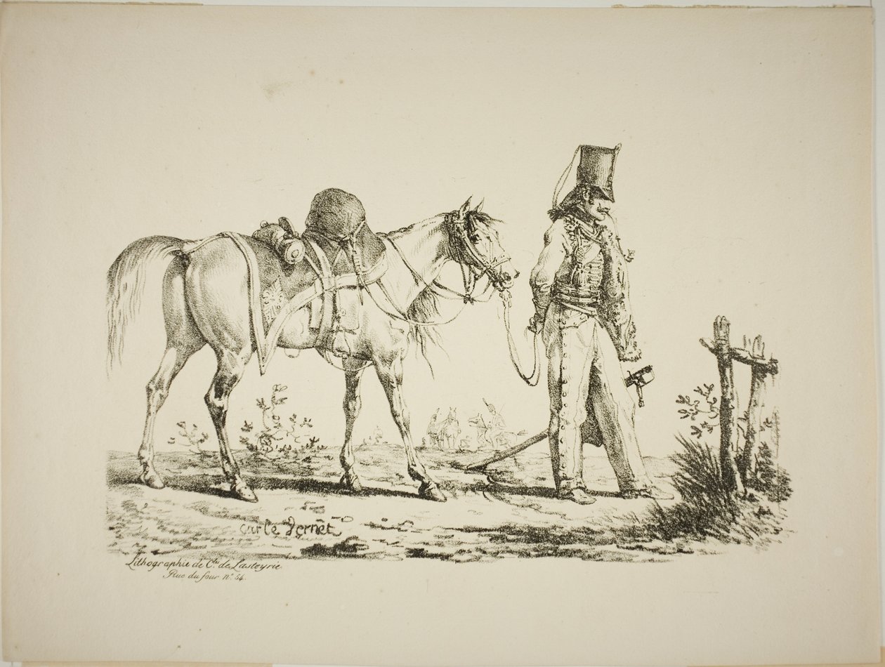 Husar geht vor seinem Pferd und raucht eine Pfeife von Carle Vernet