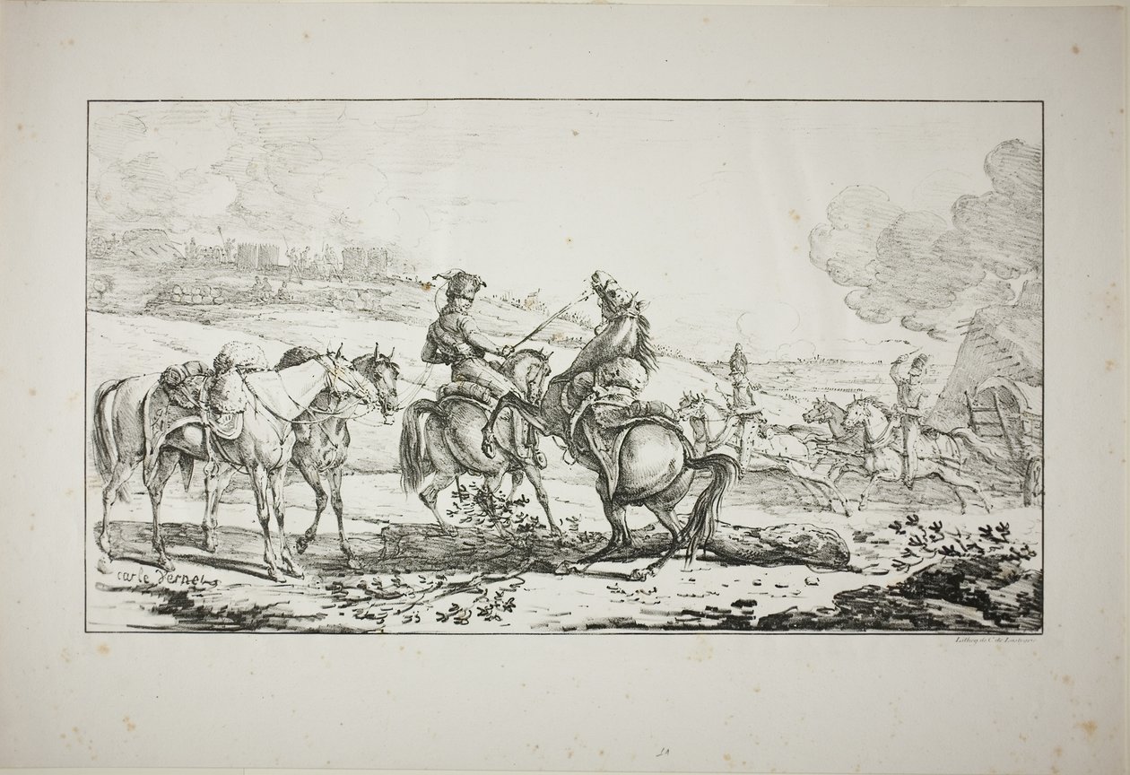 Berittener Artillerist mit drei gleichzeitig gezäumten Pferden von Carle Vernet