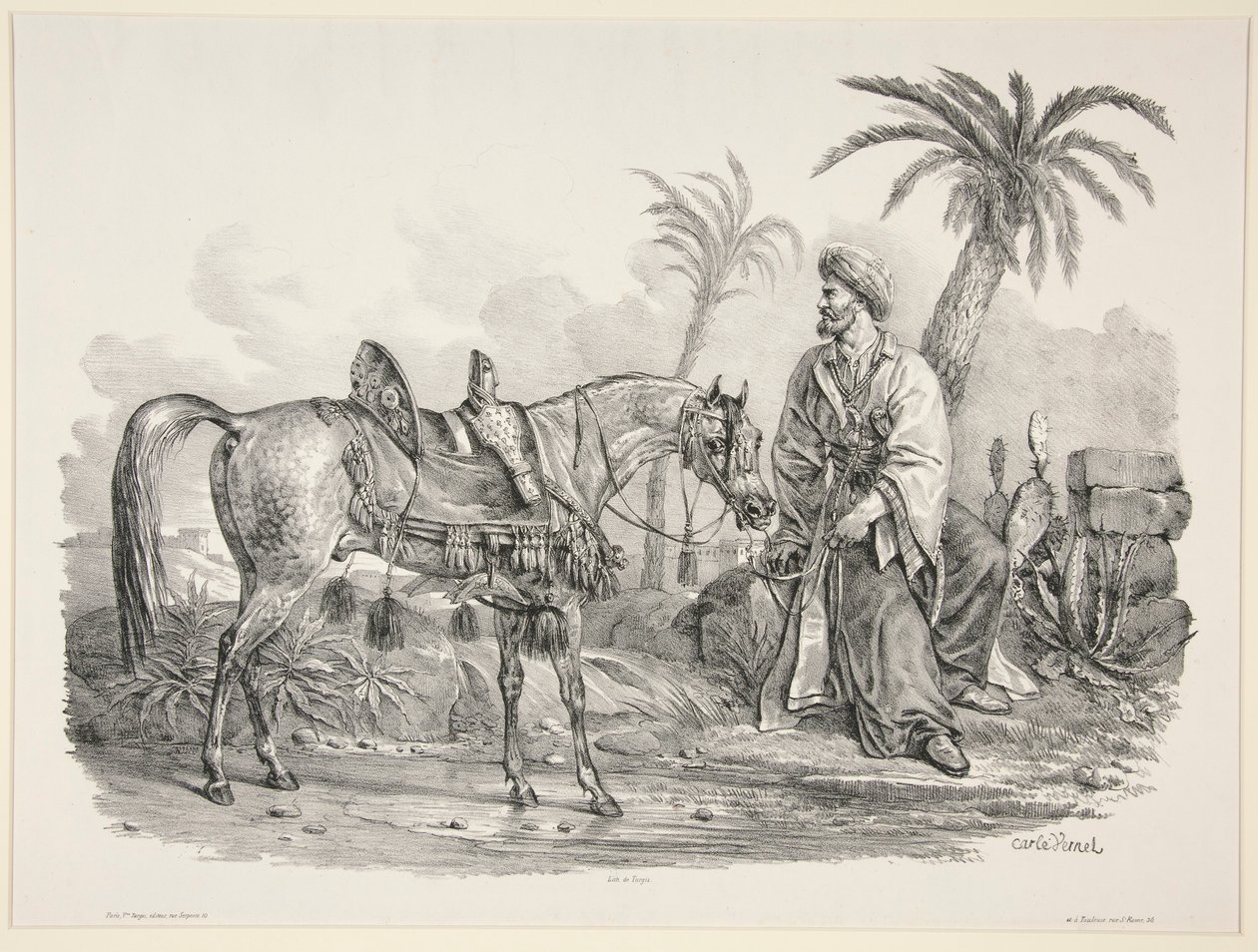 Sitzender Araber, der das Zaumzeug eines arabischen Pferdes hält von Carle Vernet