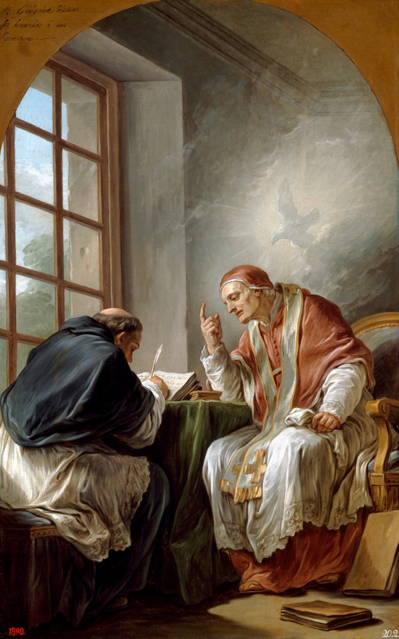 ""Heiliger Gregor, genannt Gregor I. der Große (540-604), Papst und Kirchenlehrer, diktiert seine Homilien"" Er wird inspiriert vom Heiligen Geist, symbolisiert durch eine Taube. Gemälde von Carle Van Loo (1705-1765) 1764 von Carle van Loo