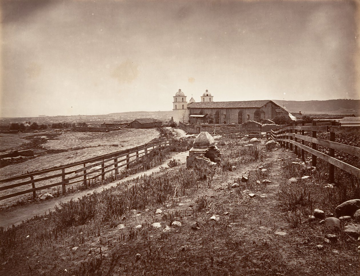 Santa Barbara und Missionskirche, 1876, gedruckt ca. 1876 von Carleton Emmons Watkins