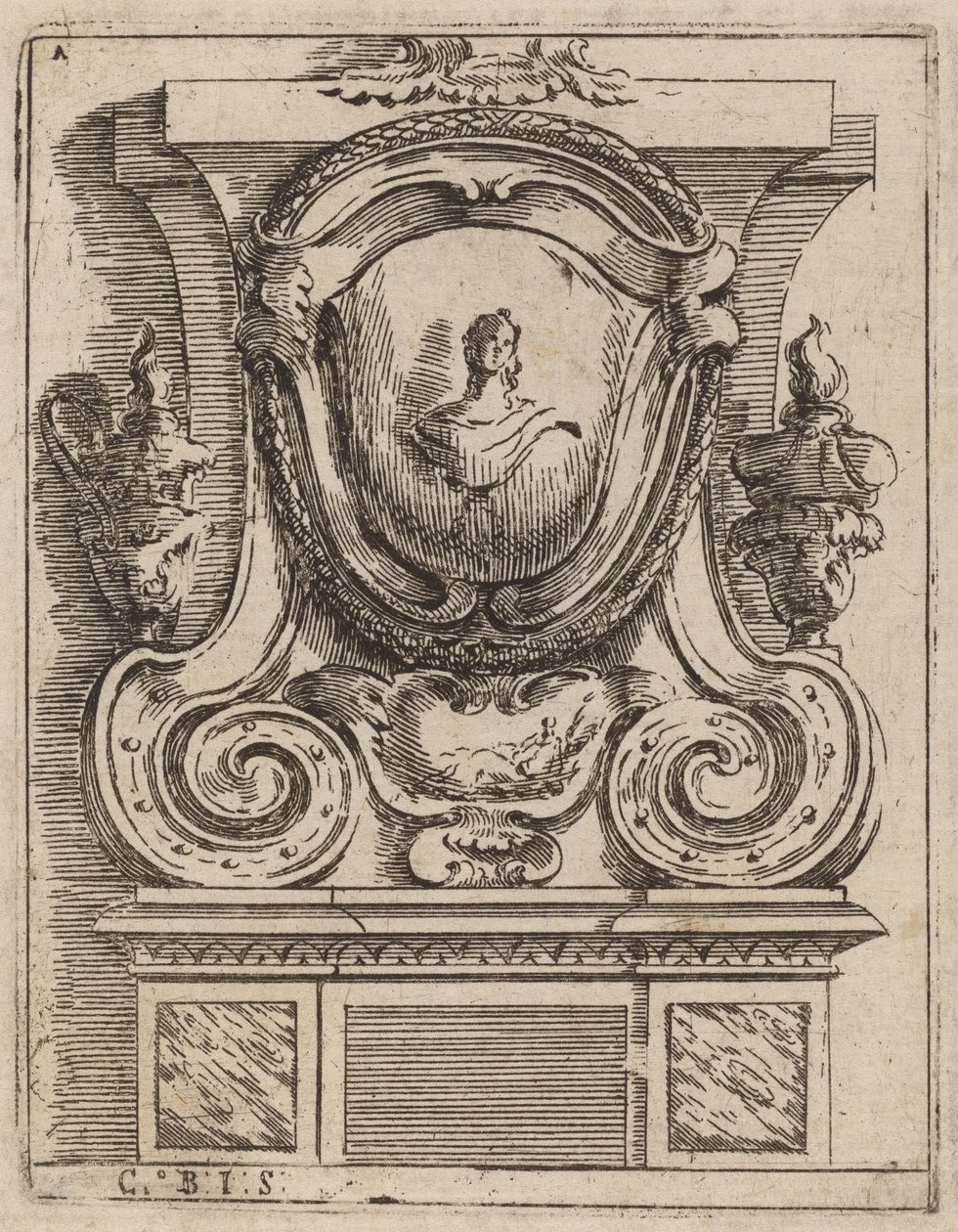 Architektonisches Motiv mit Büste und zwei Lampen von Carlo Antonio Buffagnotti