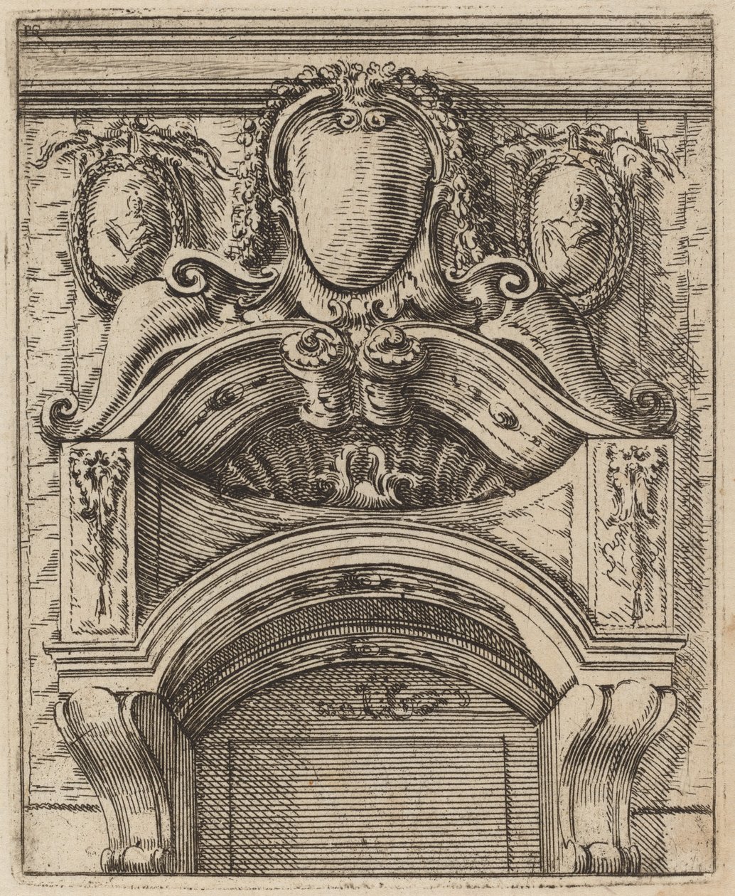 Architektonisches Motiv mit drei Schilden, zwei mit Figuren von Carlo Antonio Buffagnotti