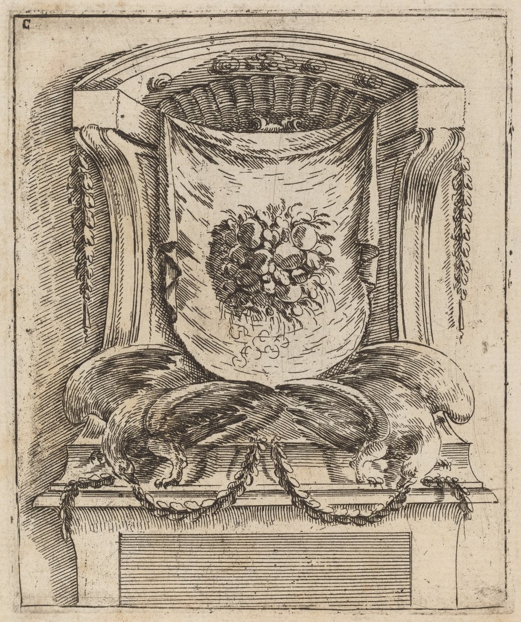 Architektonisches Motiv mit einem Vorhang und Früchten von Carlo Antonio Buffagnotti