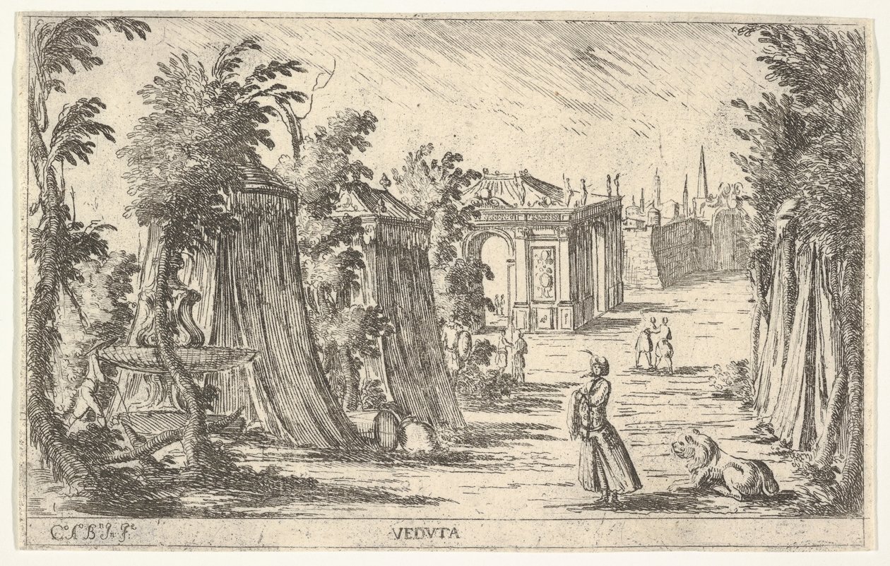 Ansicht mit einem Mann im Turban und einem Löwen rechts, Zelte und klassische Architektur, 1680-1710 von Carlo Antonio Buffagnotti