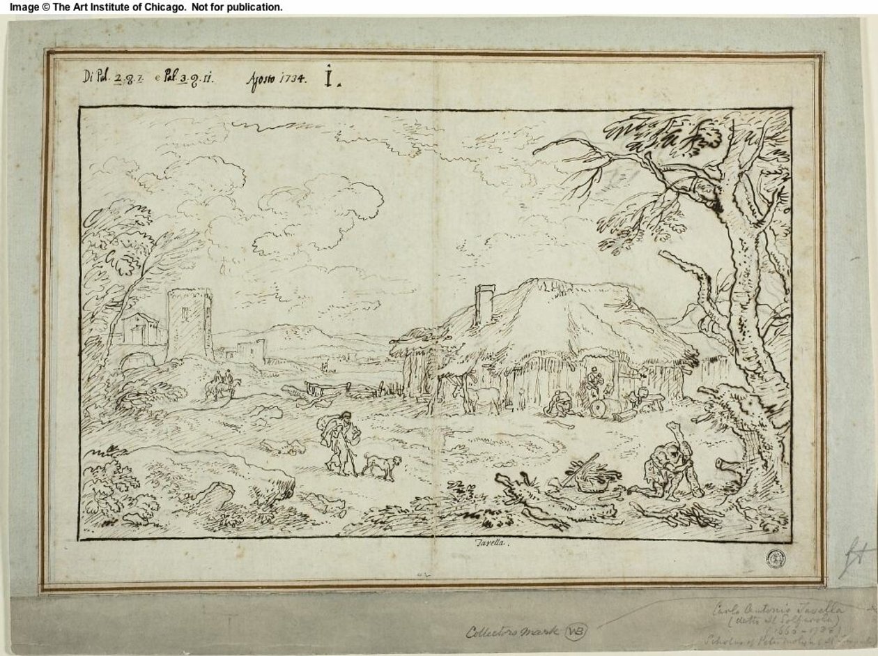 Ländliche Kreuzung mit Bauerngebäuden im Vordergrund von Carlo Antonio Tavella