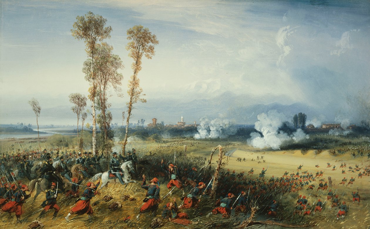 Der Krieg in Italien: Die Schlacht von Palestro, der König von Sardinien führt die Truppen, 1859 von Carlo Bossoli