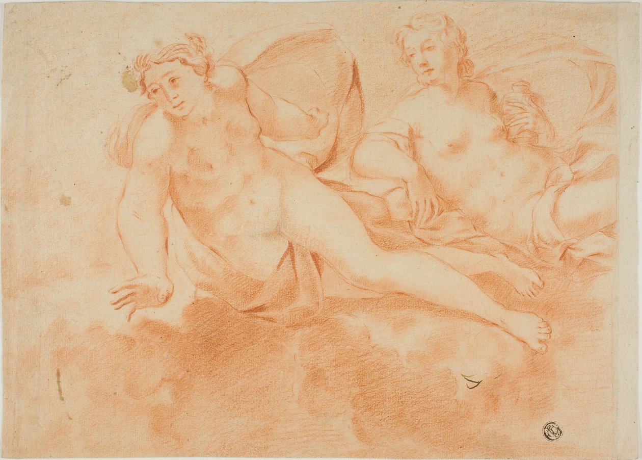 Zwei wolkengetragene nackte Frauenfiguren (recto); Fragment einer liegenden Figur (verso) von Carlo Cignani