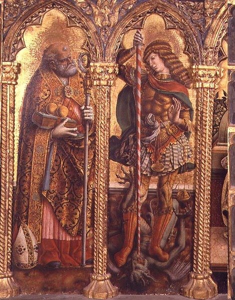 St. Nikolaus und St. Michael, Detail aus dem San Martino Polyptychon von Carlo Crivelli
