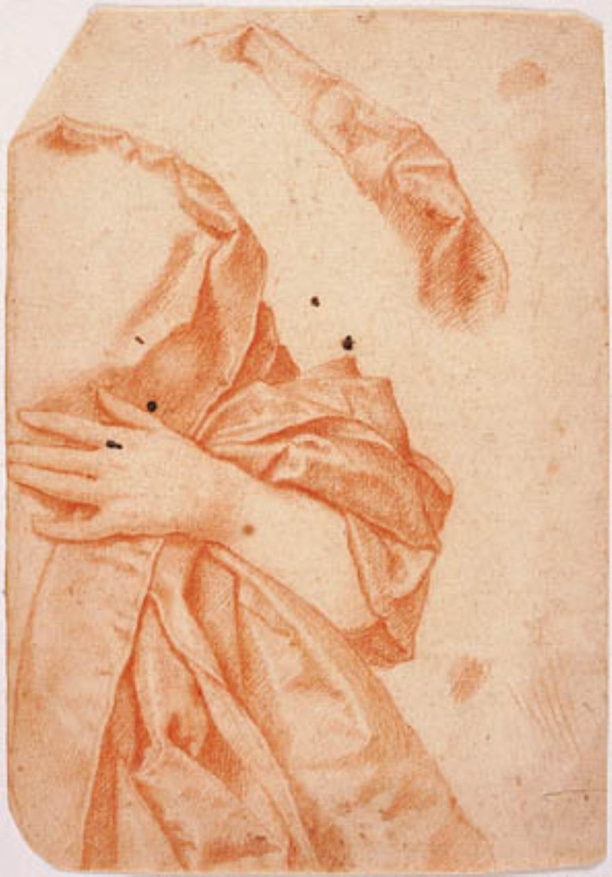 Draperiestudie zur linken Hälfte einer weiblichen Halbfigur und eine Wiederholung des Draperiums um ihren Nacken von Carlo Dolci