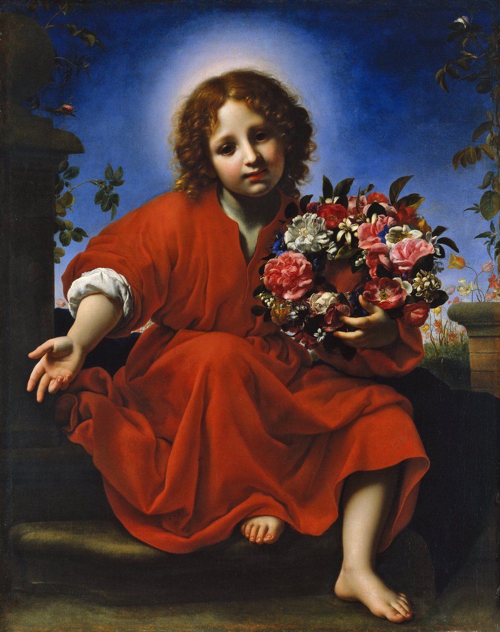 Das Jesuskind mit einem Blumenkranz von Carlo Dolci