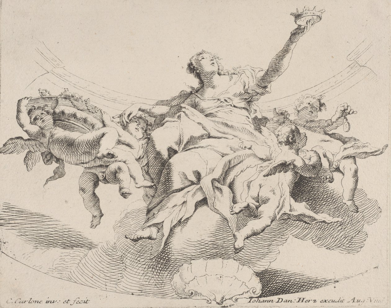Macht, dargestellt durch eine Frau, die auf Wolken sitzt und eine Krone hält, umgeben von Putti von Carlo Innocenzo Carloni