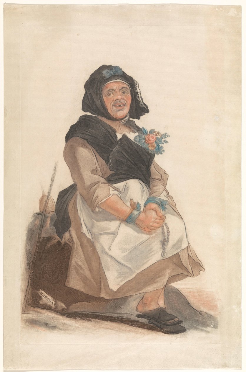 Als Frau verkleideter Mann mit Rosenkranz, sitzend (Ritratti di persone facette che servono a divertire il pubblico fiorentino) von Carlo Lasinio