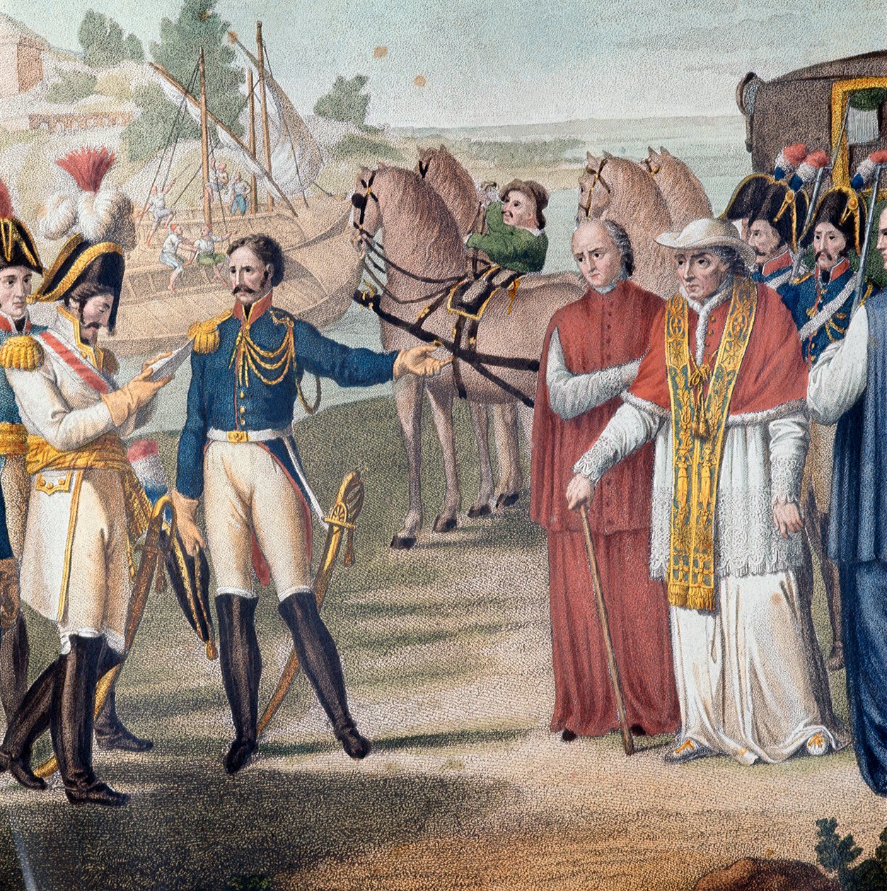 Papst Pius VII. wurde bei seiner Rückkehr nach Italien von der austro-neapolitanischen Armee in der Nähe von Parma am 25. März 1814 verhaftet. Gravur von Carlo Lasinio - Farblithographie von Carlo Lasinio
