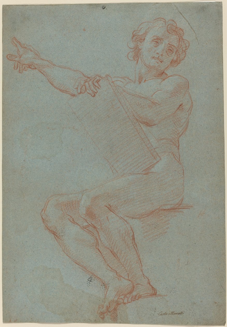 Ein sitzender Mann, der eine Tafel hält von Carlo Maratta