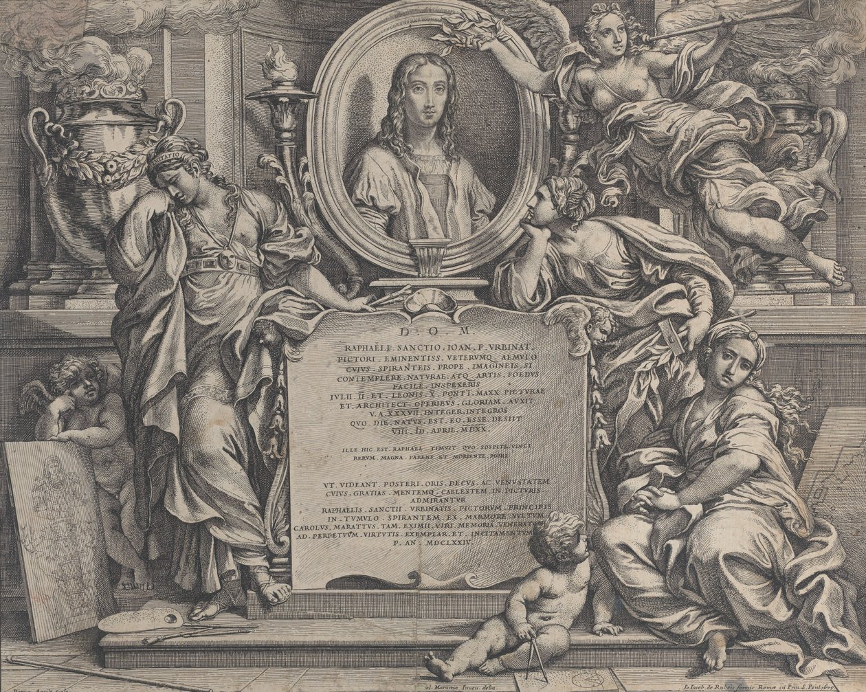 Frontispiz mit ovalem Porträt von Raphael, mit drei allegorischen Figuren der Künste, 1675 von Carlo Maratti