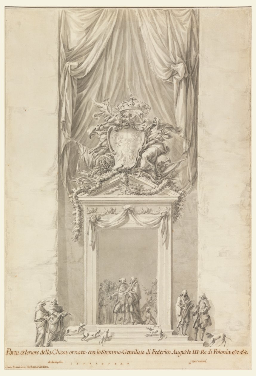 Türöffnung von San Salvatore in Lauro mit Dekoration für das Begräbnis von König Friedrich August III. von Polen, Rom, Italien von Carlo Marchionni