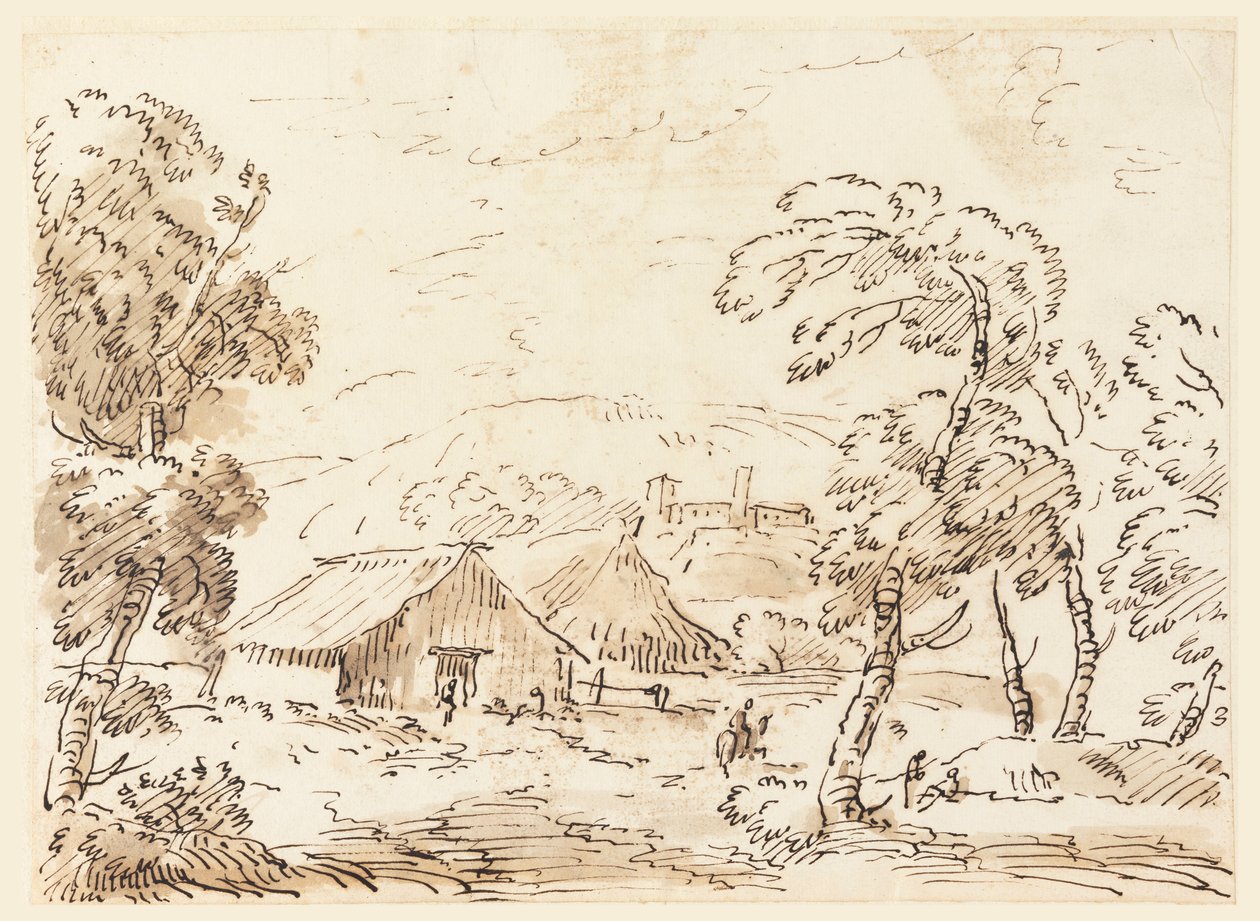 Zeichnung, Eine Bauernwohnung und ein Schloss in gebirgiger Landschaft, 1762–1786 von Carlo Marchionni