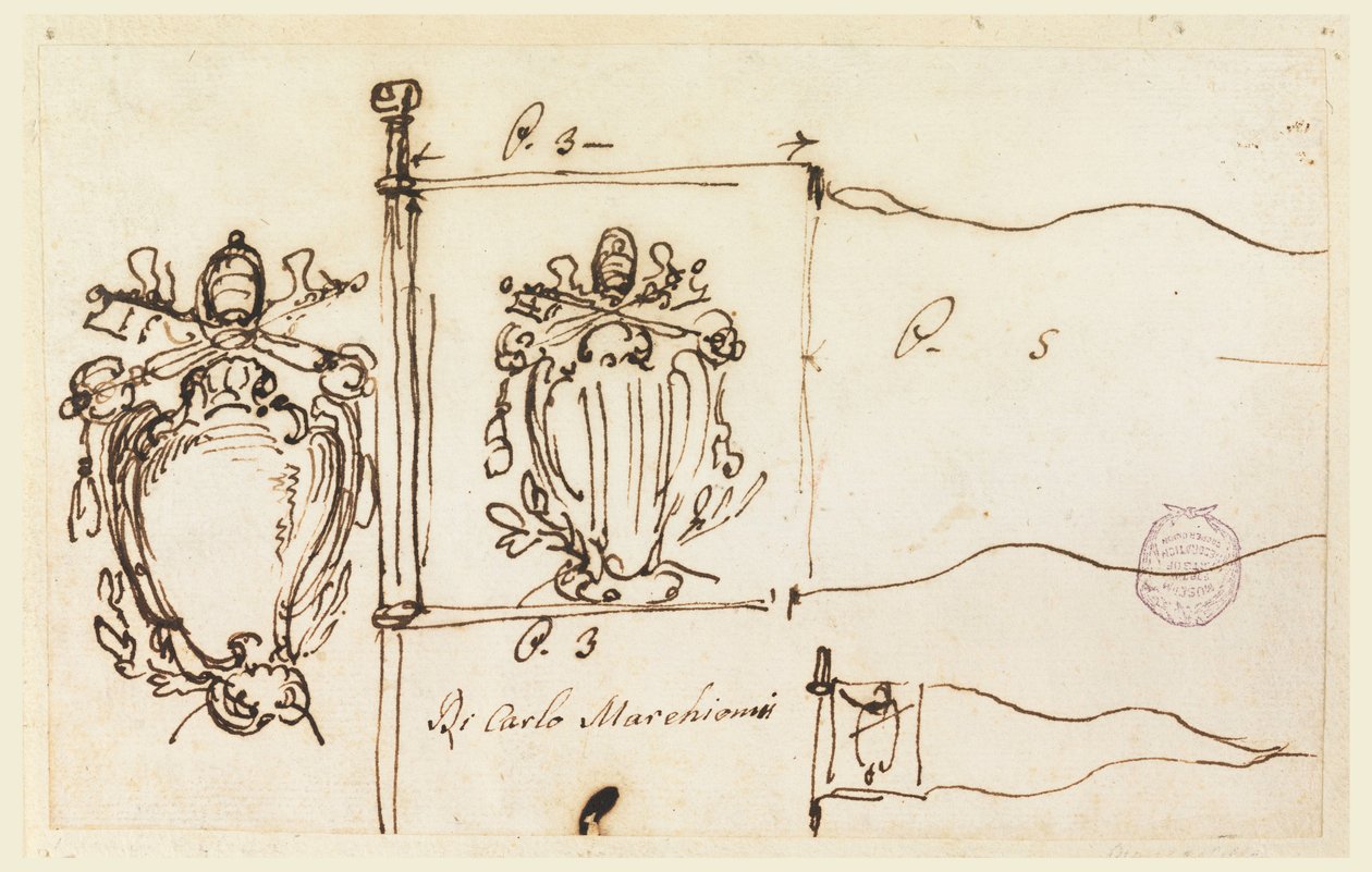 Drei Skizzen für einen Standard von Papst Benedikt XIV., 1740–58 von Carlo Marchionni