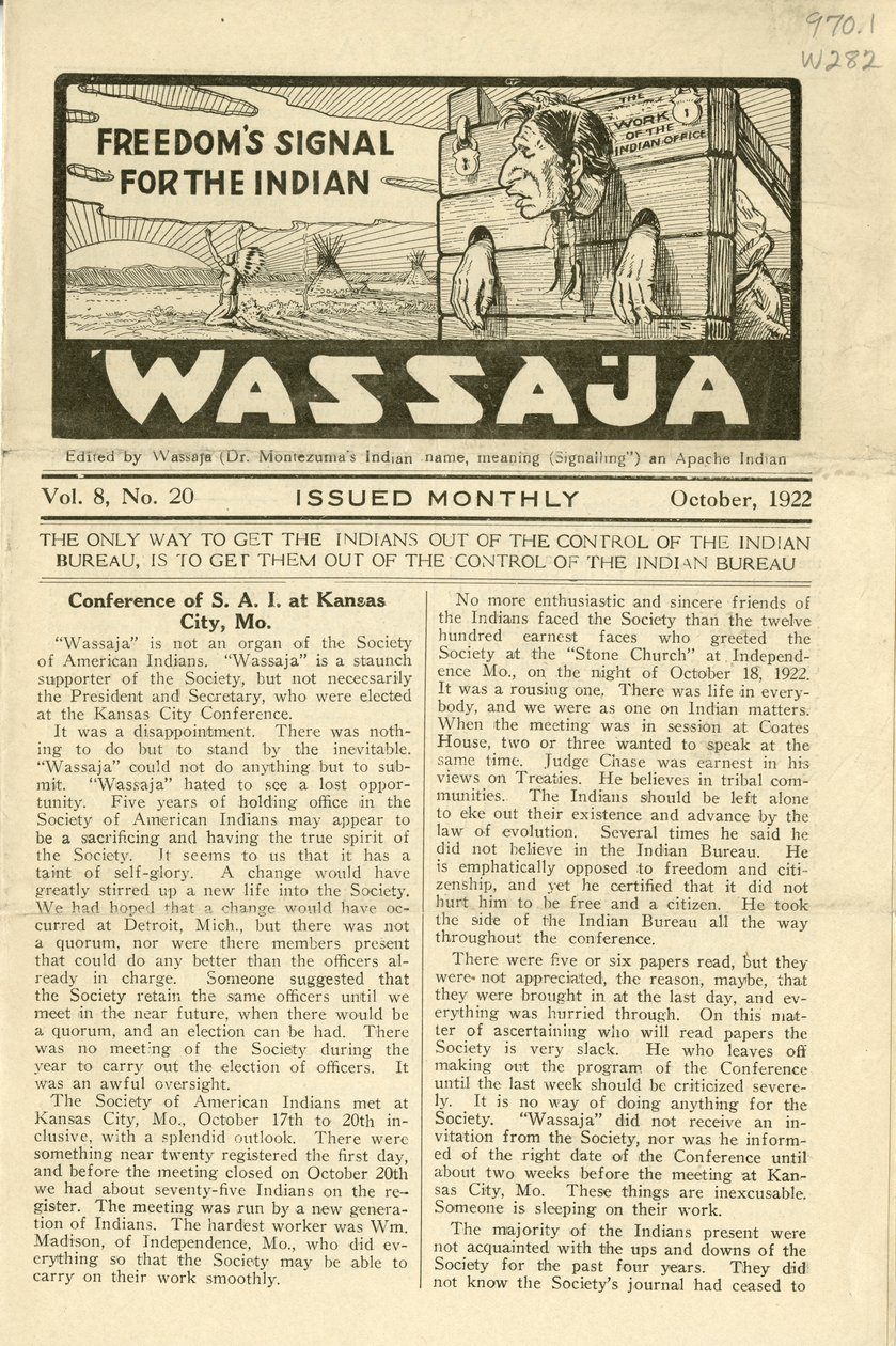 Ausgabe von Wassaja, Vol. 8, Nr. 20, Oktober 1922 von Carlos Montezuma