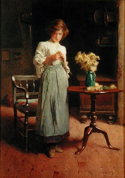 Mädchen in einer Hütte bei einem Tisch und Stuhl von Carlton Alfred Smith
