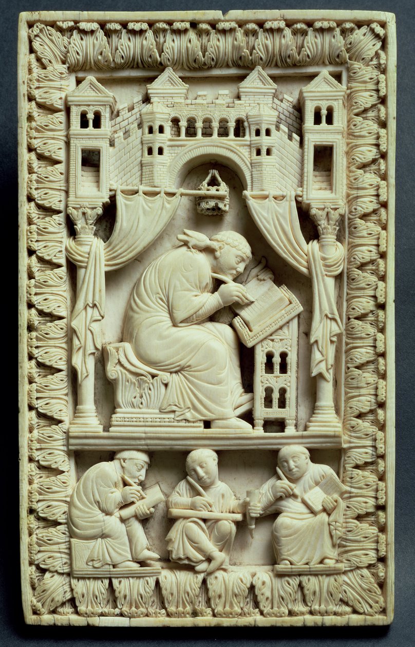 Der heilige Gregor schreibt mit Schreiber darunter, franko-deutsche Schule, c.850-875 von Carolingian School