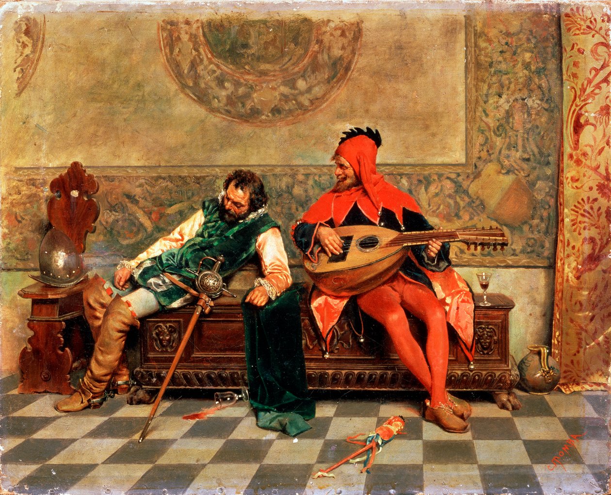 Betrunkener Krieger und Hofnarr, italienisches Gemälde des 19. Jahrhunderts von Casimiro Tomba