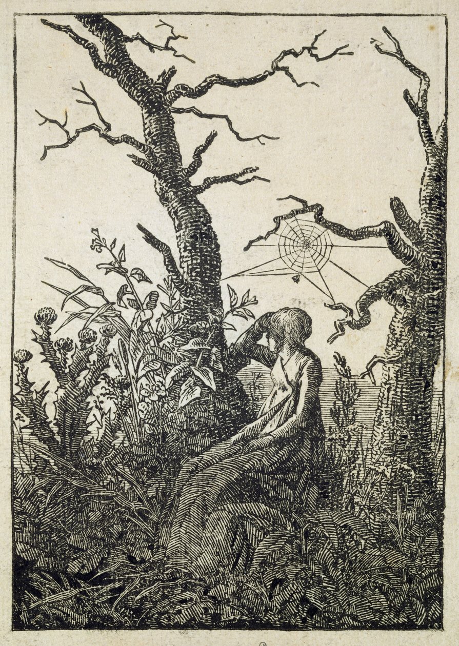 Die Frau mit einem Spinnennetz inmitten kahler Bäume von Caspar David Friedrich