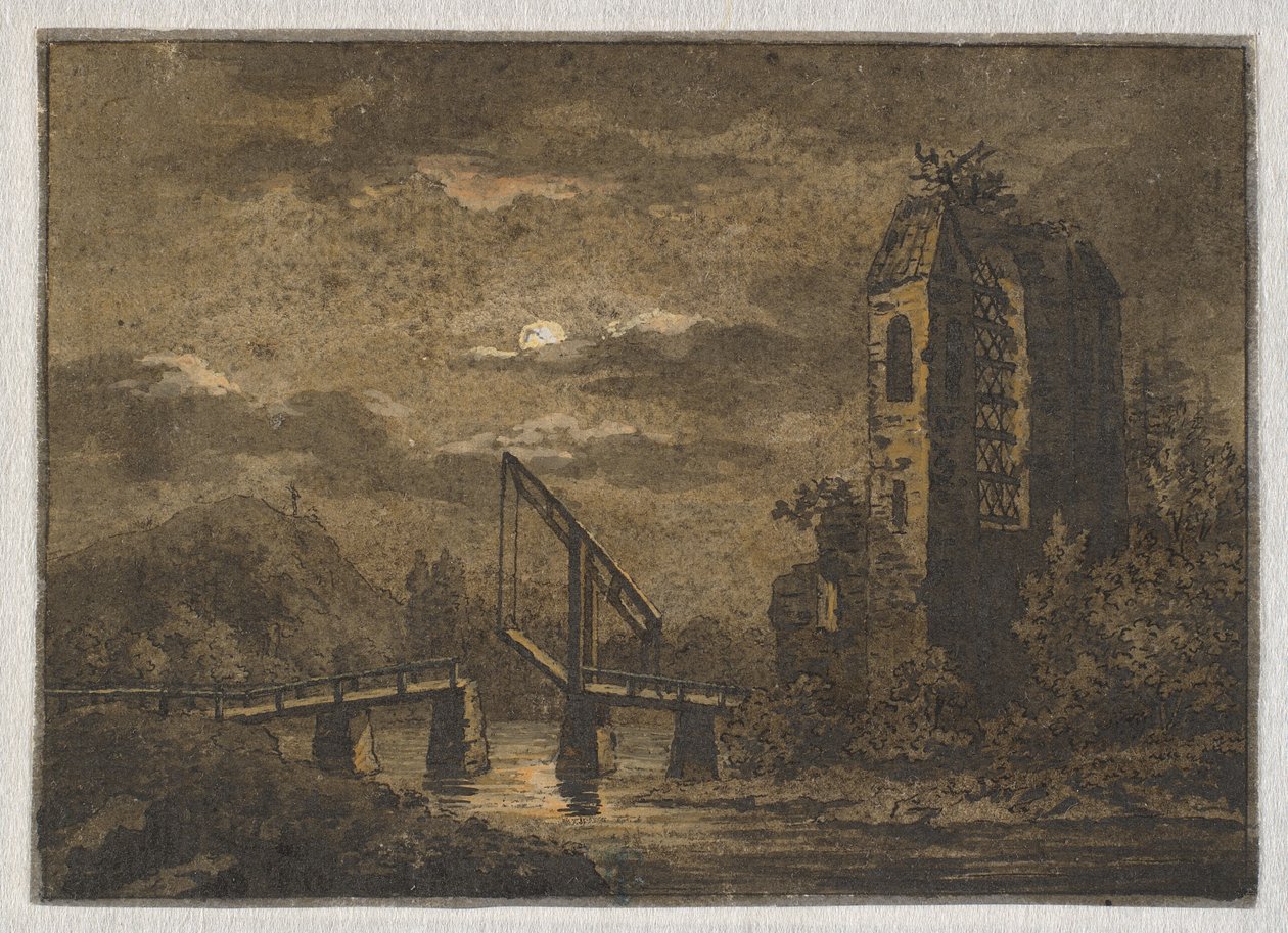 Landschaft mit Klappbrücke und Ruine im Mondschein von Caspar David Friedrich