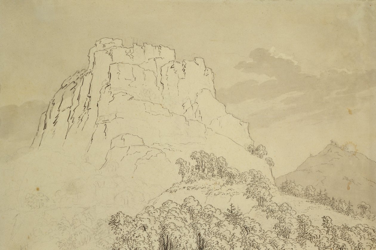 Felsiger Hügel mit bewaldetem Hügel im Vordergrund von Caspar David Friedrich