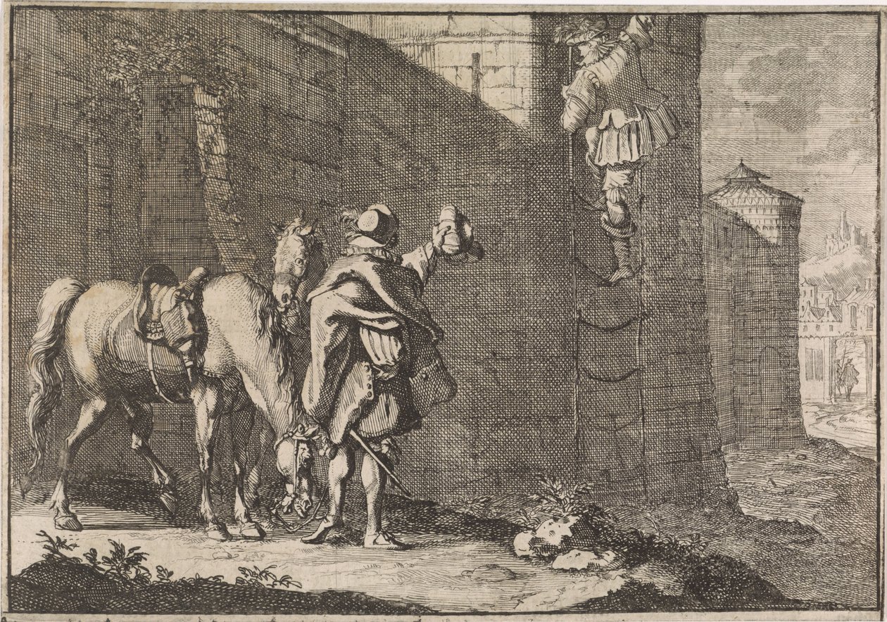 General Hans Georg von Arnim-Boitzenburg entkommt aus dem Gefängnis über eine Strickleiter, 1638 von Caspar Luyken (attributed to)