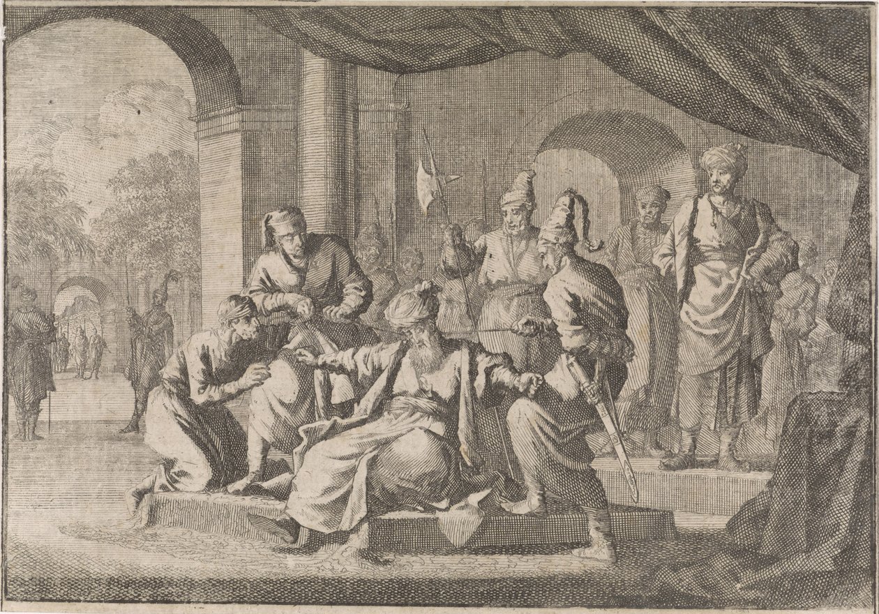 Mustafa, der Neffe von Sultan Murat IV., wird auf dessen Befehl erdrosselt, 1639 von Caspar Luyken (attributed to)