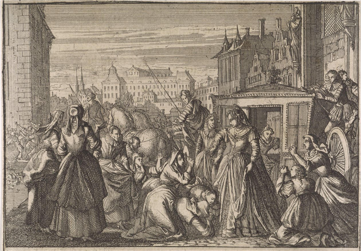 Frauen knien in Paris vor Königin Anna und bitten sie, die Steuern zu senken, 1645 von Caspar Luyken (attributed to)