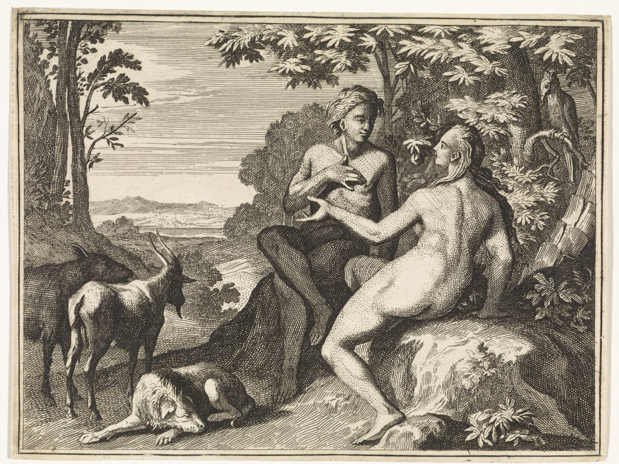 Adam und Eva umgeben von Tieren im Paradies von Caspar Luyken