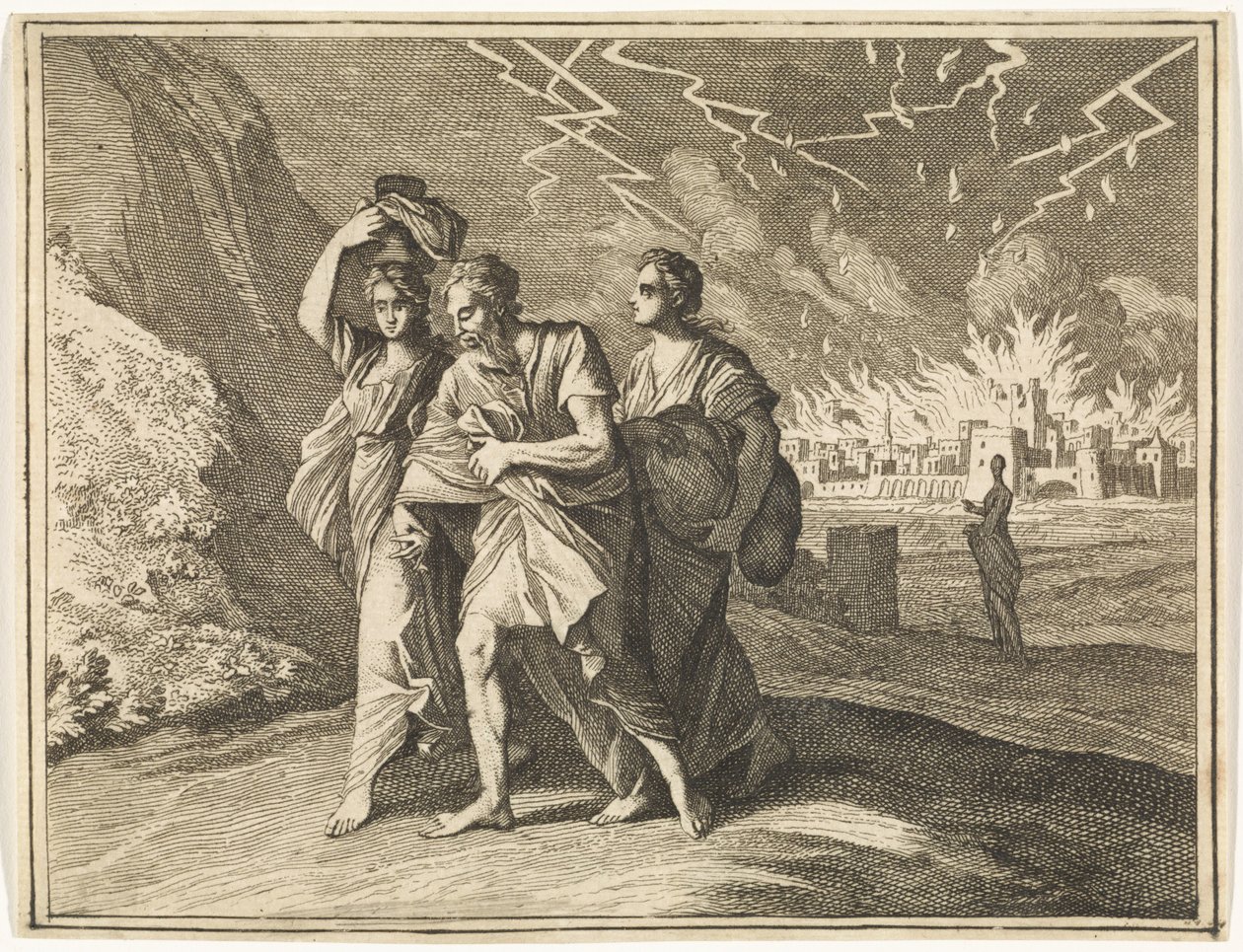 Lot und seine Töchter verlassen das brennende Sodom von Caspar Luyken