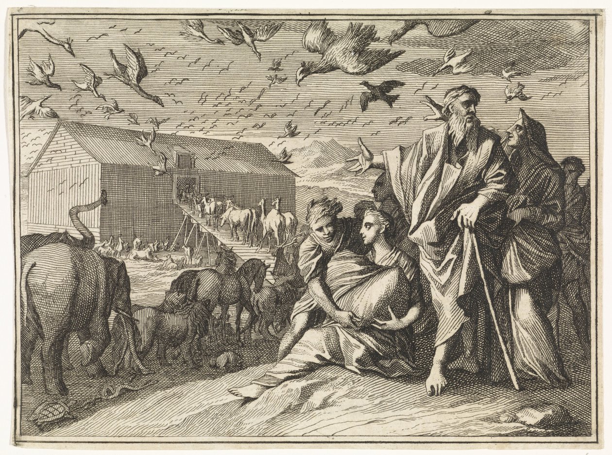 Noah und seine Familie begeben sich zur Arche von Caspar Luyken