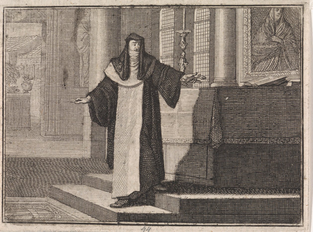 Nonne legt einen Schlüssel auf einen Altar vor einem Bild von Maria von Caspar Luyken