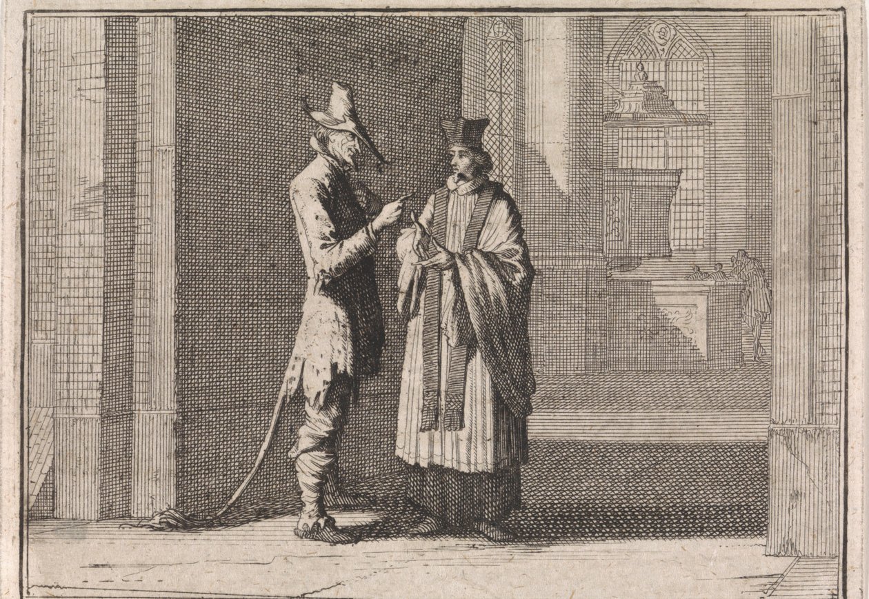 Pfarrer im Gespräch mit dem Teufel vor dem Eingang einer Kirche von Caspar Luyken