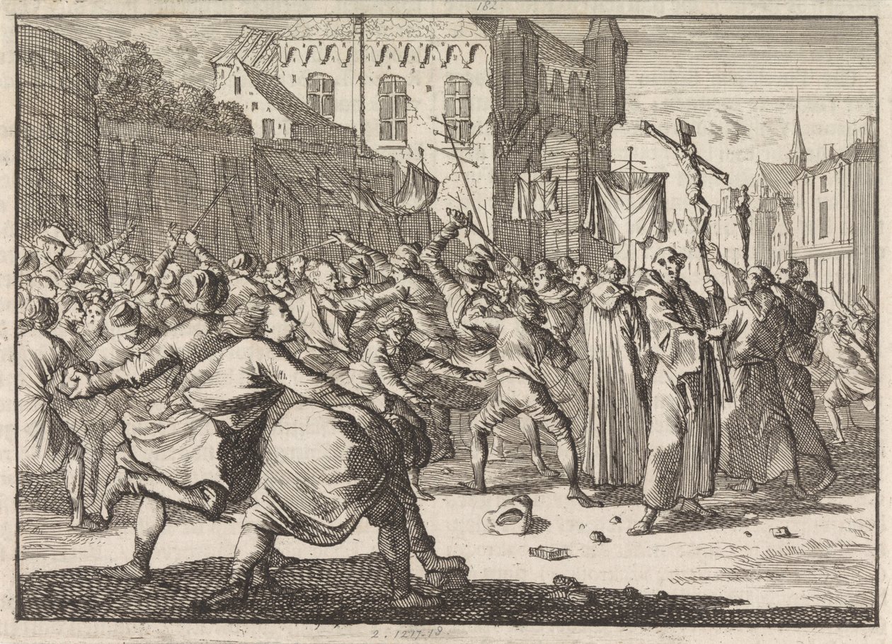 In Danzig wird eine Prozession mit Steinwürfen vom Volk begrüßt, 1678 von Caspar Luyken