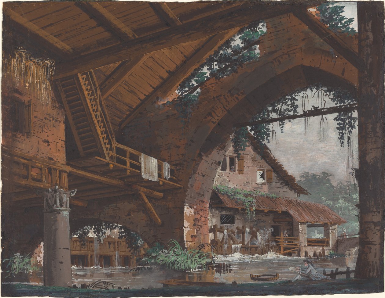 Architektonische Fantasie antiker Ruinen mit Wassermühle von Caspar Wolf