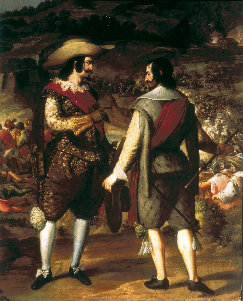 Die Eroberung von San Juan in Puerto Rico (1625). Detail. Im Vordergrund spricht Don Juan de Haro mit seinem Assistenten. Hinter ihm die Festung, die von den Spaniern bewacht wird, die die Niederländer zum Verlassen zwingen. Gemälde von Eugenio Caxes oder  von Caxesi or Caxete Eugenio Caxes