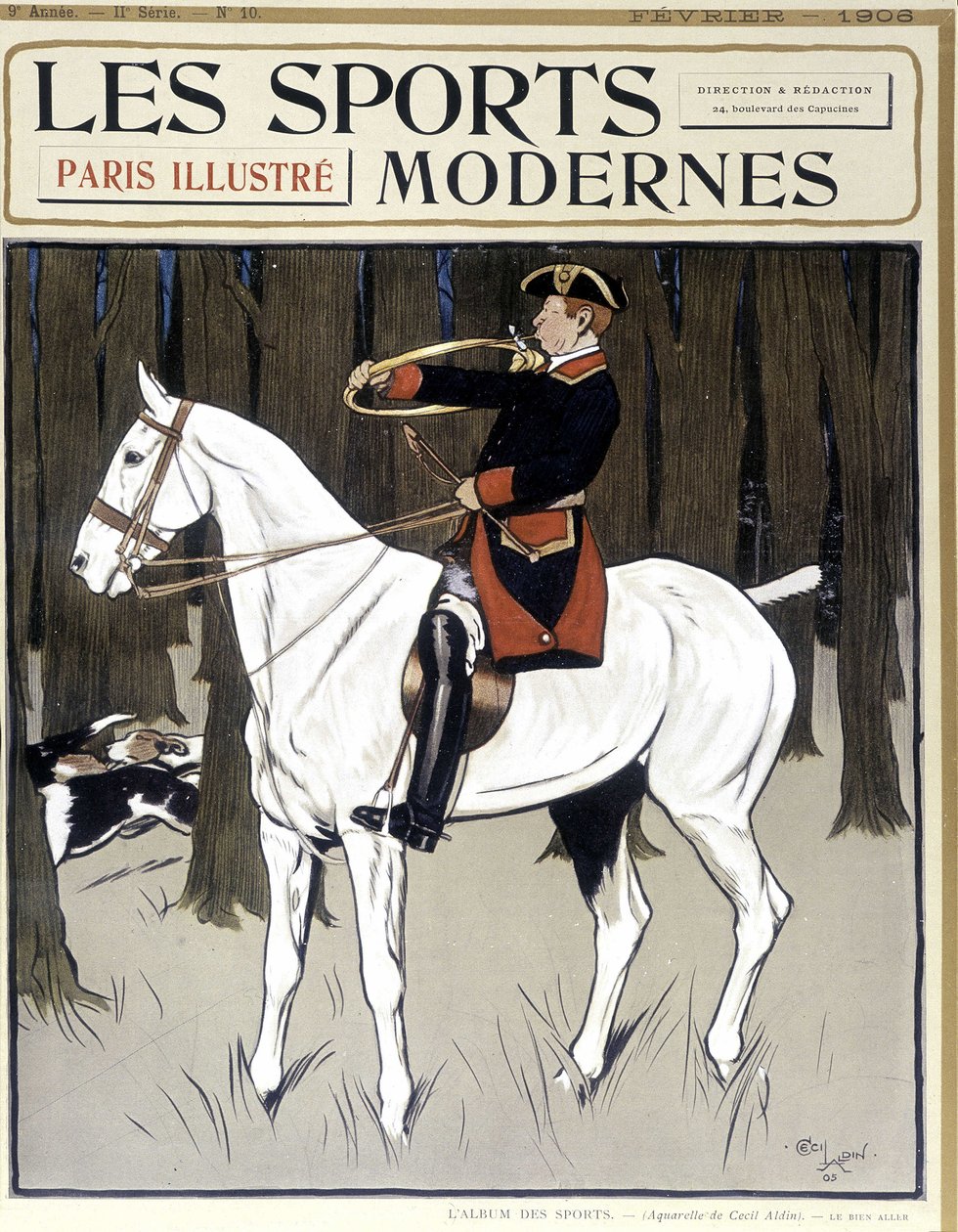 Jagd (ein Mann zu Pferd ermutigt Hunde) Titelblatt Modern Sports 02/1906 von Cecil Charles Windsor Aldin