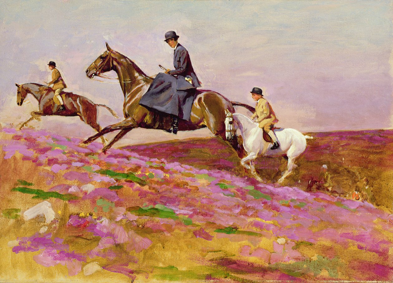 Lady Currie mit ihren Söhnen Bill und Hamish bei der Jagd auf Exmoor von Cecil Charles Windsor Aldin