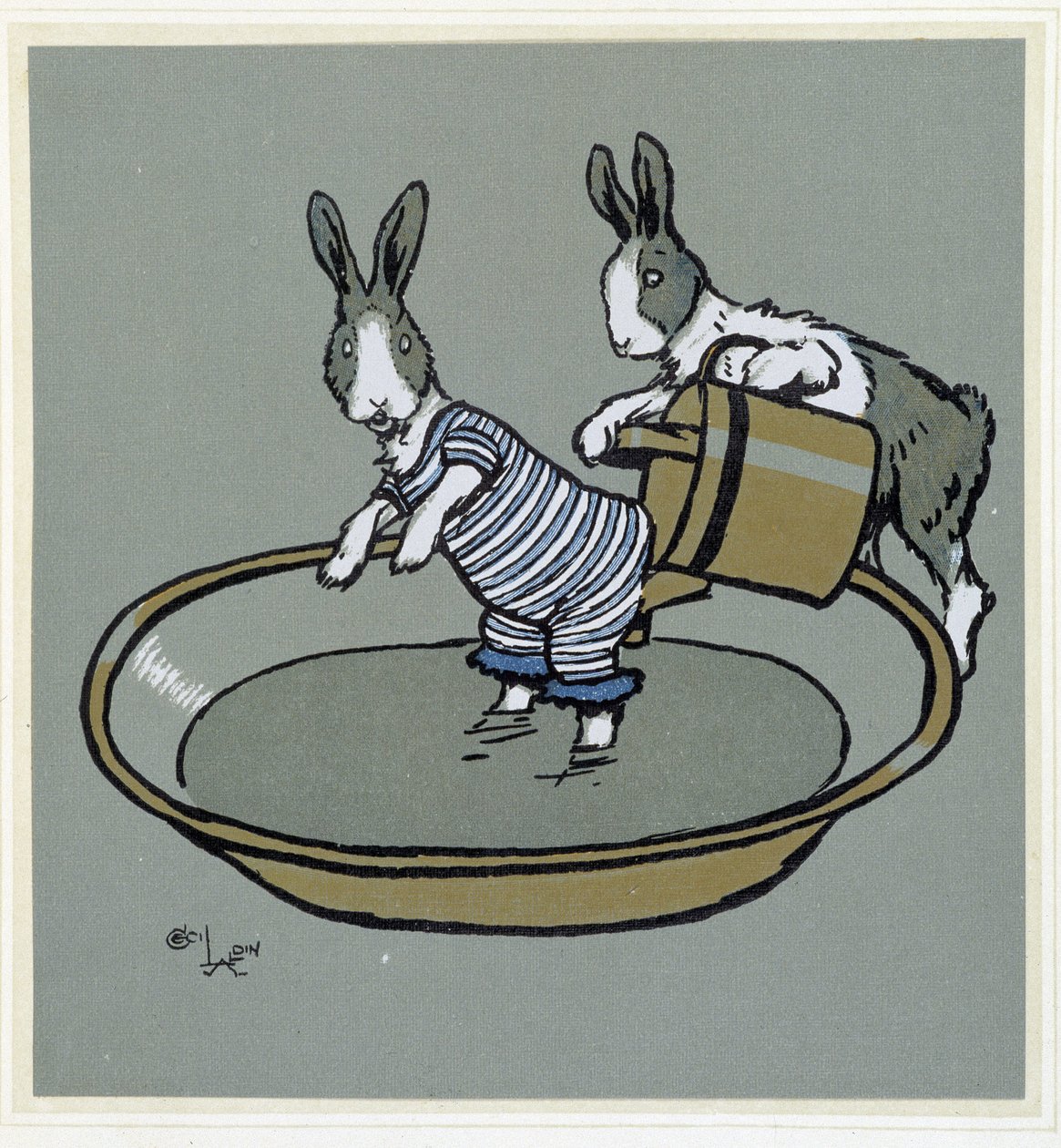 Kaninchen nehmen ein Bad - in „Merry Party“, ill. von Cécil Aldin, ed. Hodder & Stoughton, London von Cecil Charles Windsor Aldin