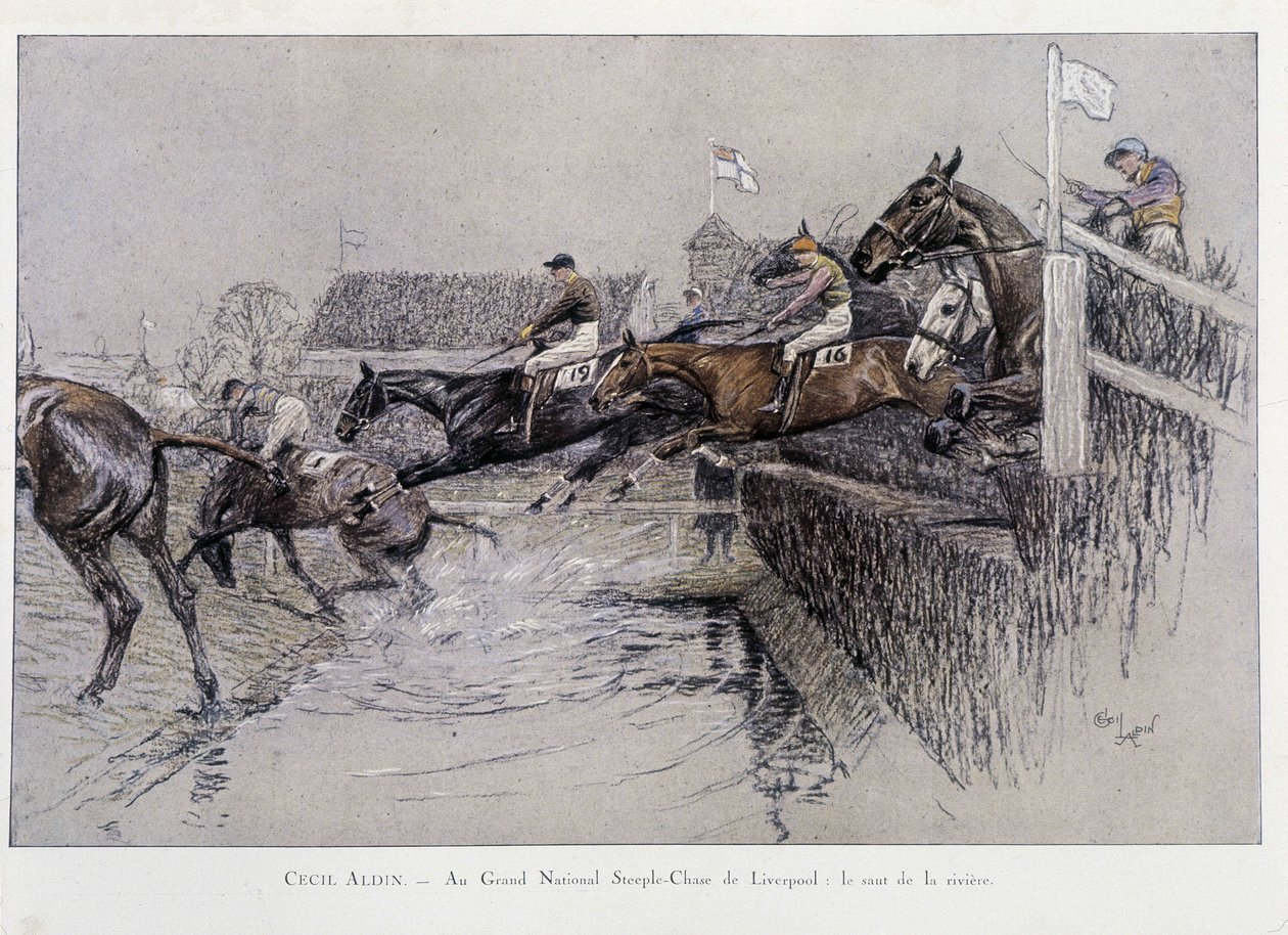 Das Grand National Steeple Chase in Liverpool: Der Sprung über den Fluss - Zeichnung von Cecil Adlin von Cecil Charles Windsor Aldin