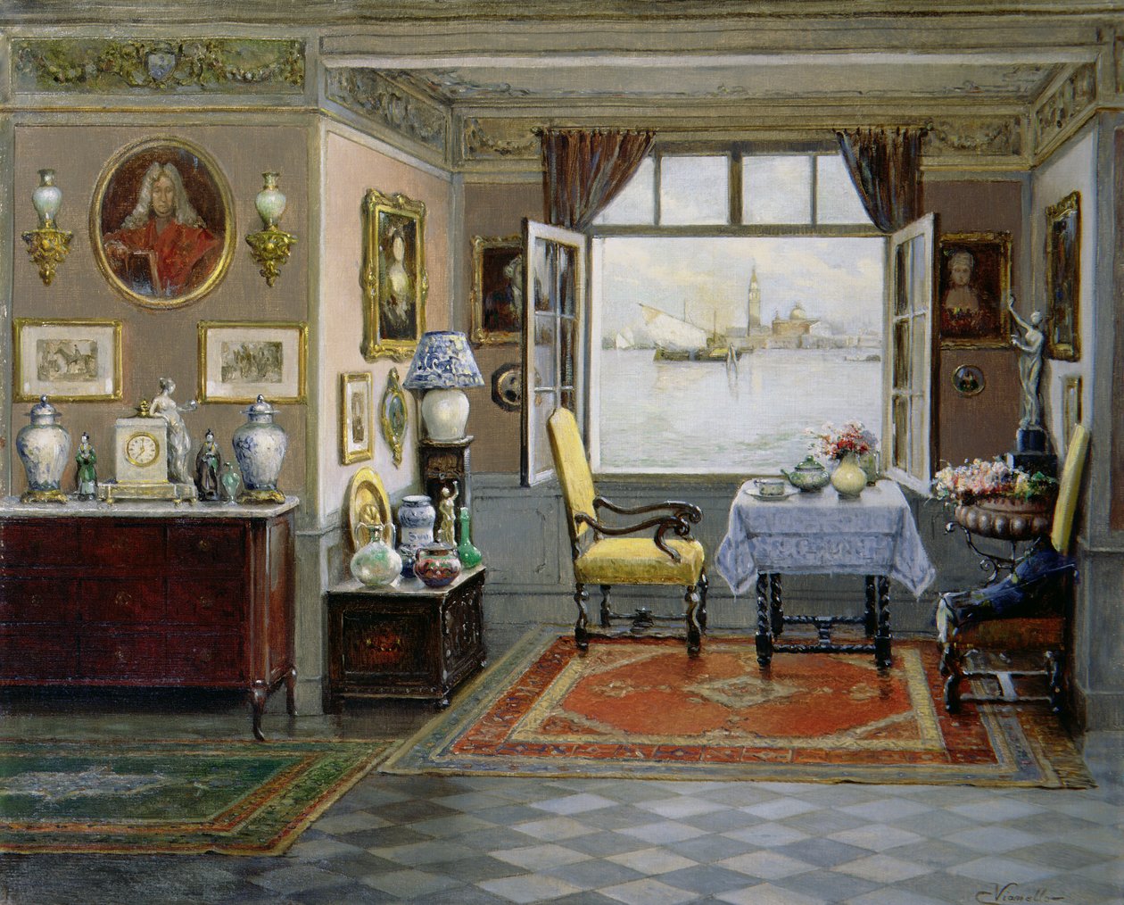 Ein venezianisches Zuhause mit Blick auf San Giorgio Maggiore aus einem offenen Fenster, ca. 1900 von Cesare Vianello