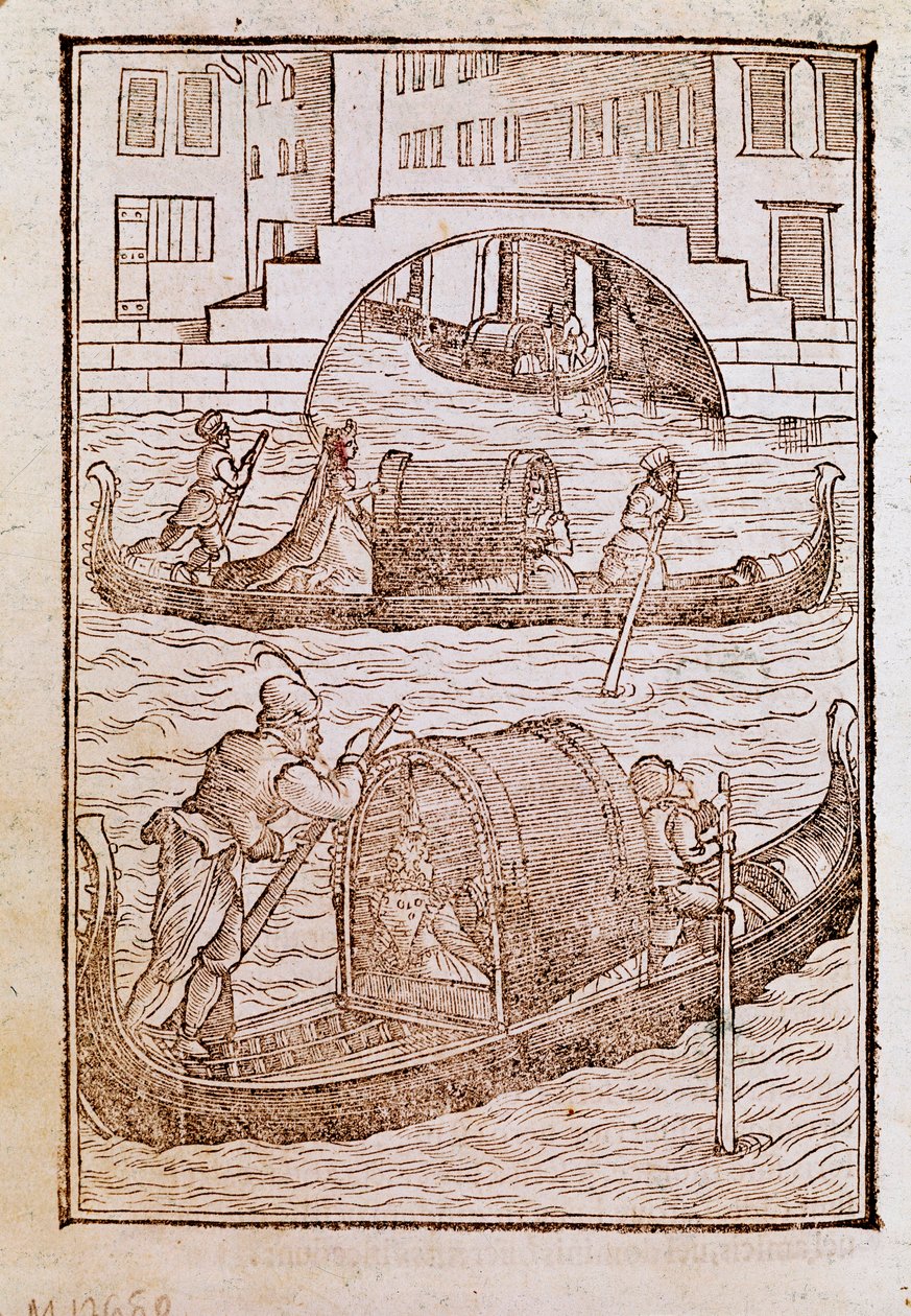 Gondeln in der Lagune von Venedig im 15. Jahrhundert. Gravur aus „Degli abiti antichi e moderni“ von Cesare Vecellio (1521-1601) 1590 Venedig, Biblioteca Marciana von Cesare (after) Vecellio
